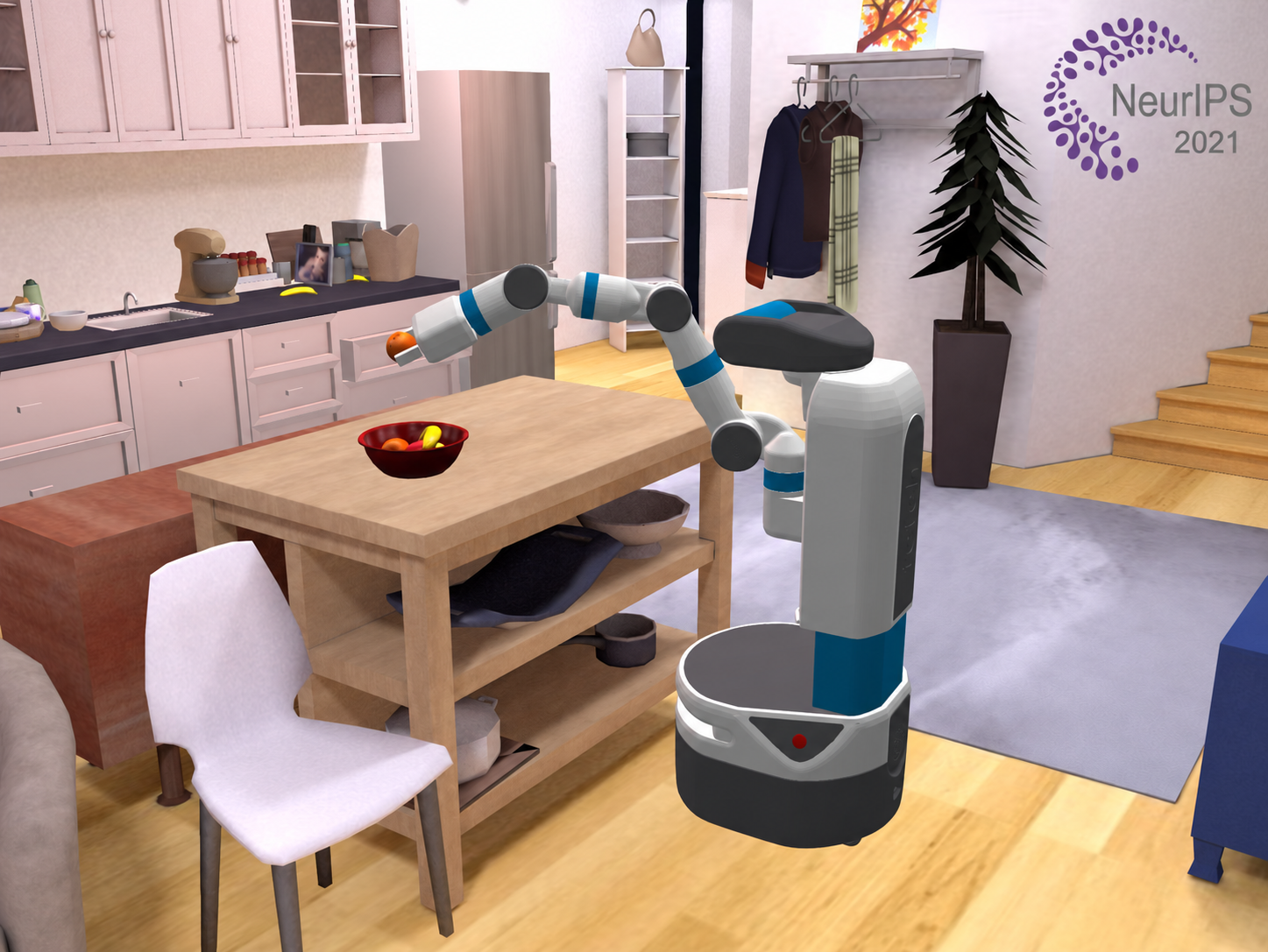 Habitat 2.0 robot rearranging objects with NeurIPS 2021 logo