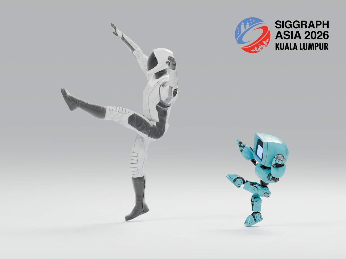 Astronaut and robot: synchronized kicks, with the SIGGRAPH Asia 2026 logo